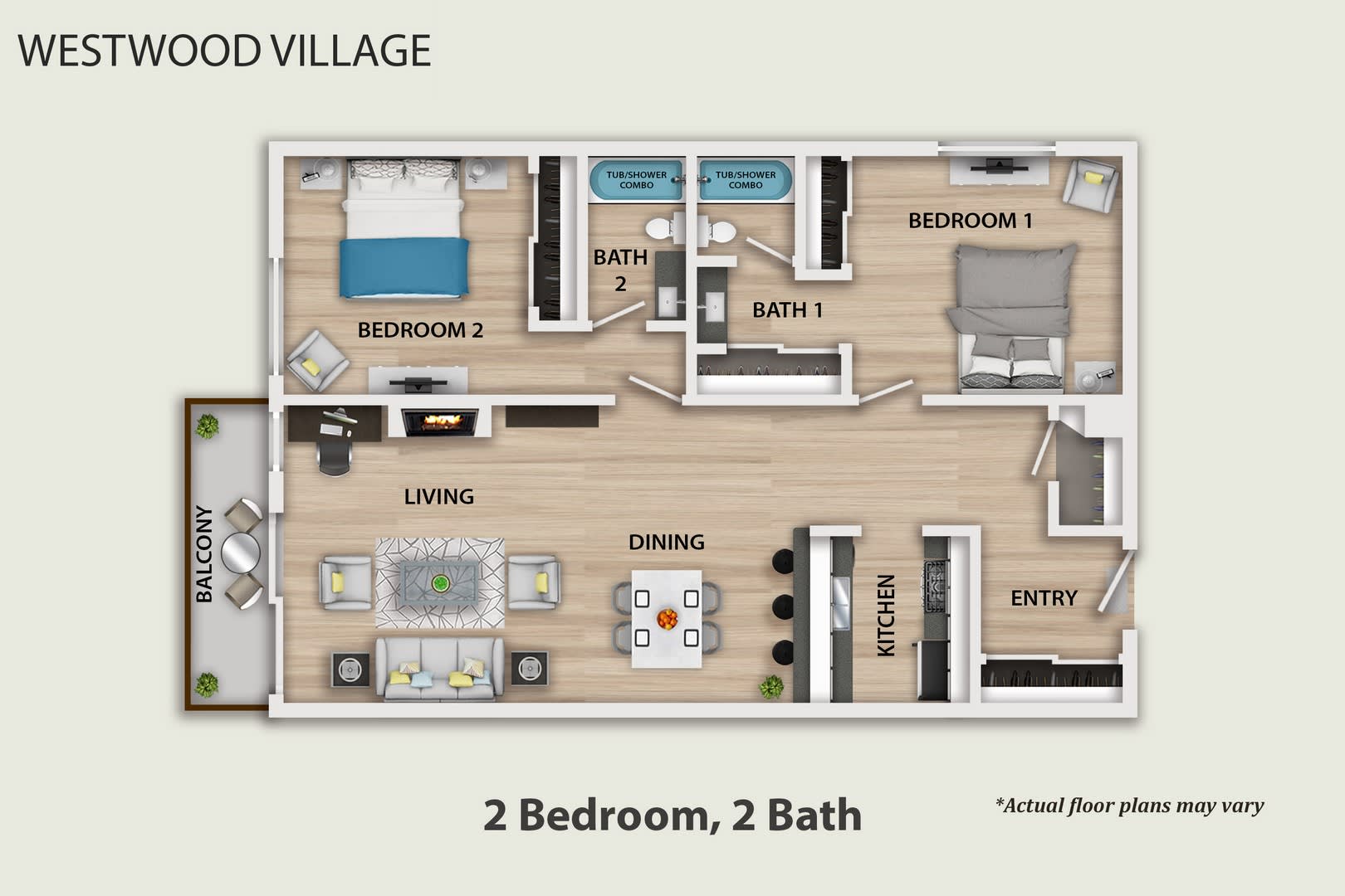 2 Bedroom 2 Bath Floor Plan at Westwood Village Apartments